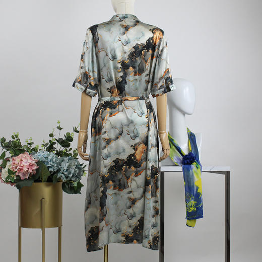 FOCALS福柯斯女装夏季新款真丝半袖大理石印花系带连衣裙F2Y6X108 商品图2