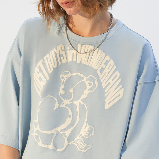 MODITEC21春夏浅蓝手绘小熊字母发泡印花宽松短袖纯棉休闲宽松T恤 商品图3