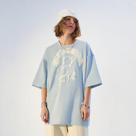 MODITEC21春夏浅蓝手绘小熊字母发泡印花宽松短袖纯棉休闲宽松T恤