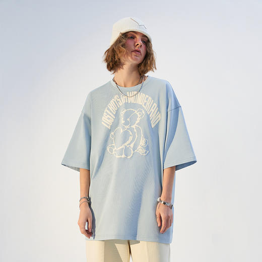 MODITEC21春夏浅蓝手绘小熊字母发泡印花宽松短袖纯棉休闲宽松T恤 商品图0