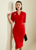 颈袖添香-连衣裙-“职场拼命红”系列 JG182255T1X5颈袖添香季修身气质包臀显瘦五分袖职场装V领OL连衣裙 修身气质包臀职场装V领OL连衣裙 商品缩略图0