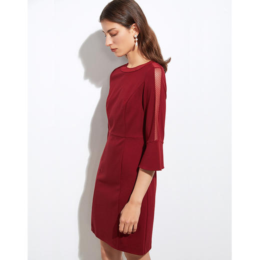 EITIE爱特爱秋季新款时尚圆领收腰A版显瘦喇叭七分袖连衣裙A2107713 商品图2