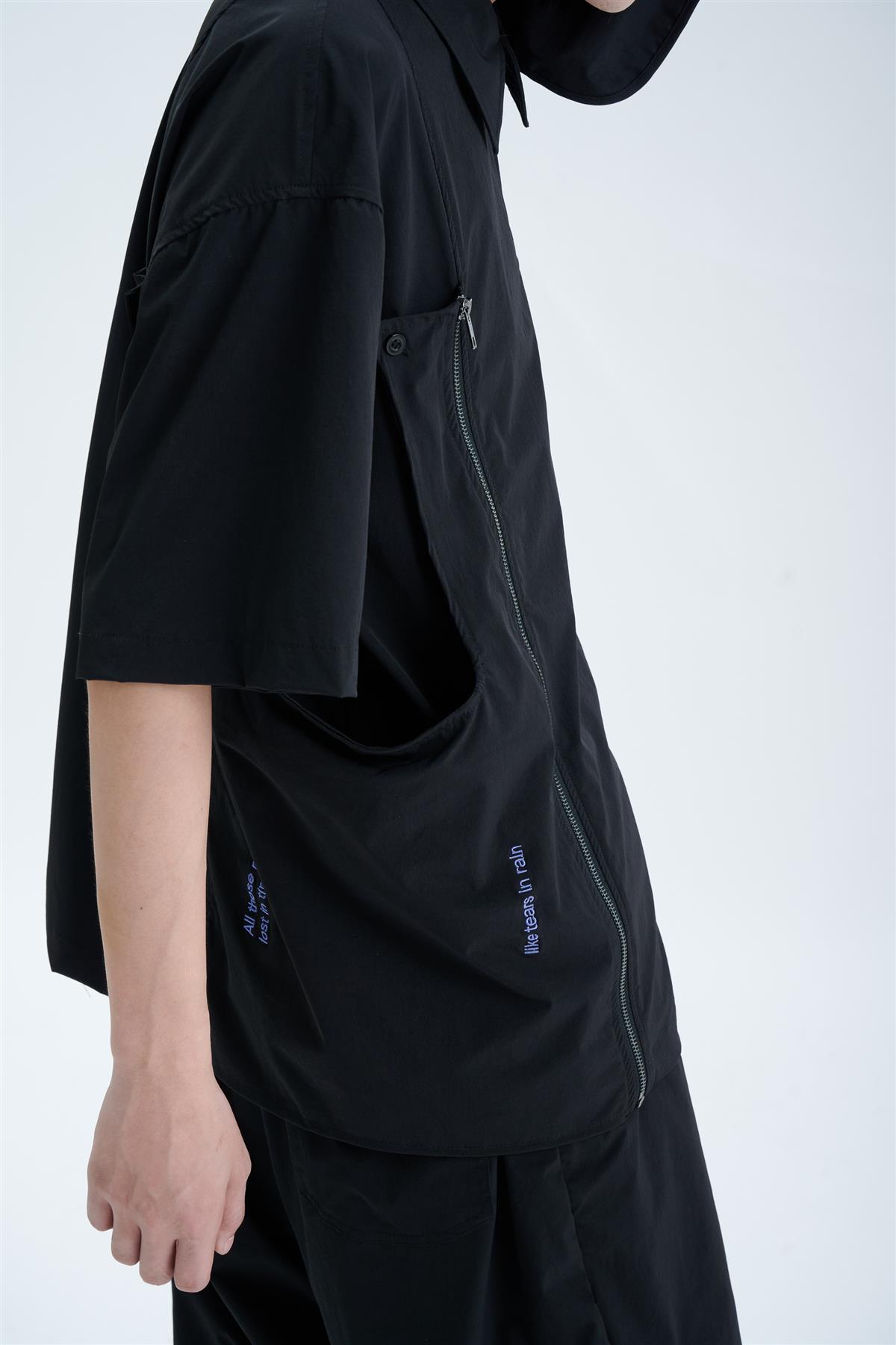 TERRAINCOGNITA新款拉链侧包装饰宽松百搭短袖舒适轻薄刺绣衬衫