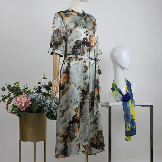 FOCALS福柯斯女装夏季新款真丝半袖大理石印花系带连衣裙F2Y6X108 商品图1