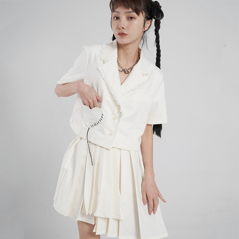 SunsetPark原创设计白色百褶半身裙女夏白色镂空爱心短袖西装套装