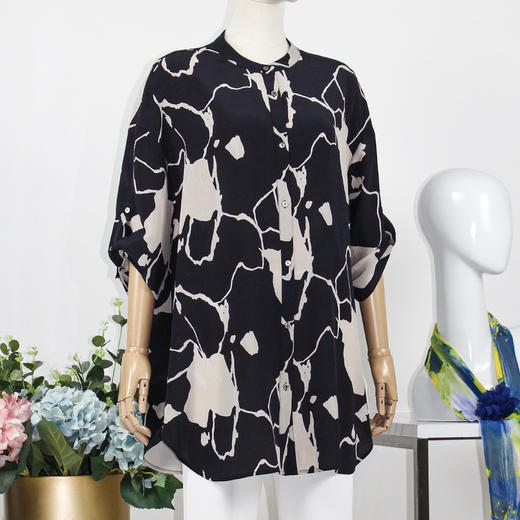 FOCALS福柯斯女装夏季新款桑蚕丝宽松休闲中长印花衬衫F2Y6S033BM 商品图1