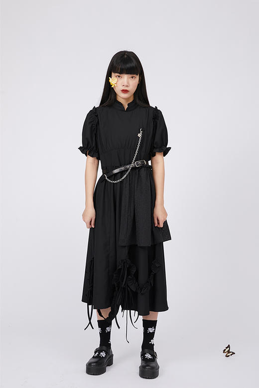 SunsetPark原创设计少女感泡泡袖下摆花边分叉蝴蝶结系带改良旗袍 商品图3