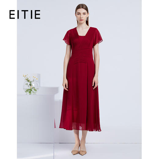 EITIE爱特爱21夏季新款气质优雅压褶收腰显瘦百搭长款礼服连衣裙B2177706 商品图0