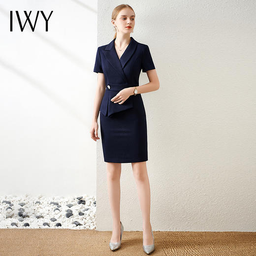 IWY/藏青气质西装连衣裙女短袖职业工作服时尚高端售楼部工装裙OLQ11253 商品图1