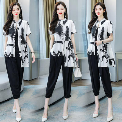 WZNH- WY26089 2021夏季新款时尚舒适简约休闲复古水墨印花两件套裤 商品图0