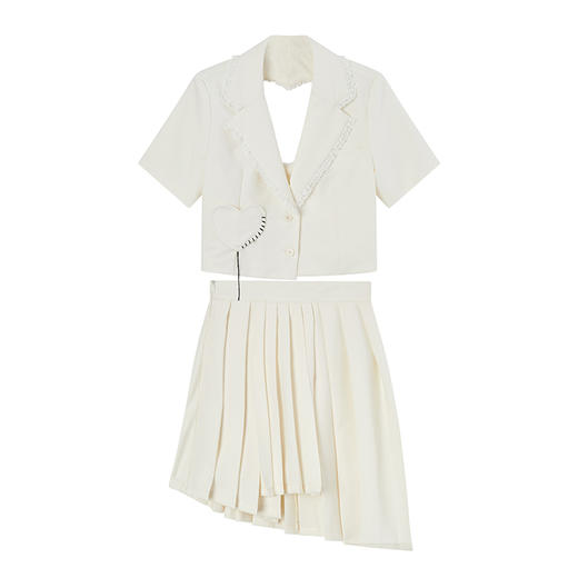 SunsetPark原创设计白色百褶半身裙女夏白色镂空爱心短袖西装套装 商品图4