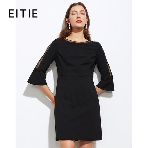 EITIE爱特爱秋季新款时尚圆领收腰A版显瘦喇叭七分袖连衣裙A2107713 商品图1