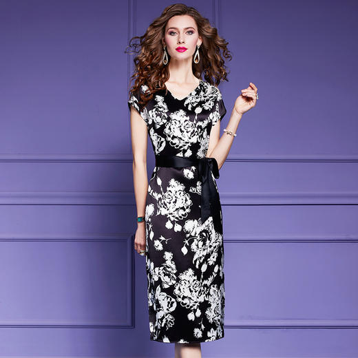 丁摩 夏季醋酸缎面连衣裙女法式复古V领收腰印花中长裙Q121130-DR299 商品图7