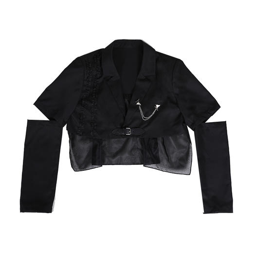 SunsetPark原创设计外套女夏季薄款黑色短袖可拆卸袖皮扣短西装女 商品图4