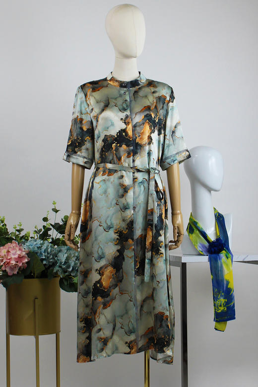 FOCALS福柯斯女装夏季新款真丝半袖大理石印花系带连衣裙F2Y6X108 商品图5