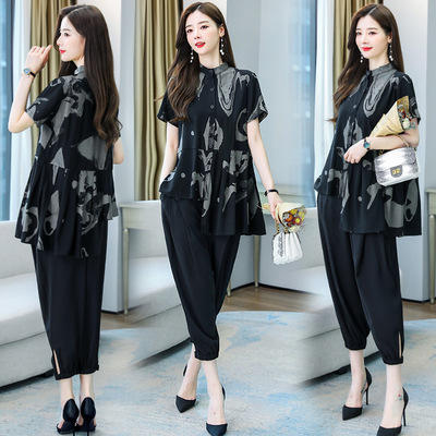 WZNH- WY26089 2021夏季新款时尚舒适简约休闲复古水墨印花两件套裤 商品图4