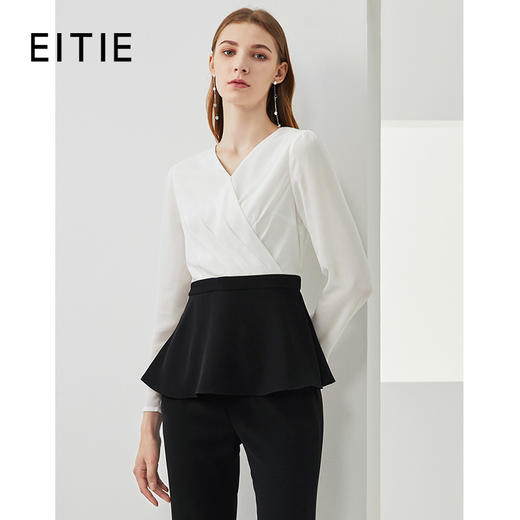 EITIE爱特爱气质通勤职业撞色V领显瘦收腰上衣女C2113814 商品图0
