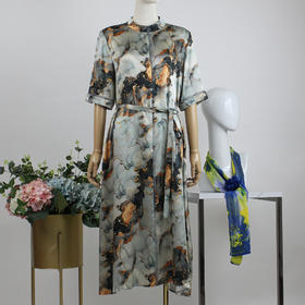 FOCALS福柯斯女装夏季新款真丝半袖大理石印花系带连衣裙F2Y6X108