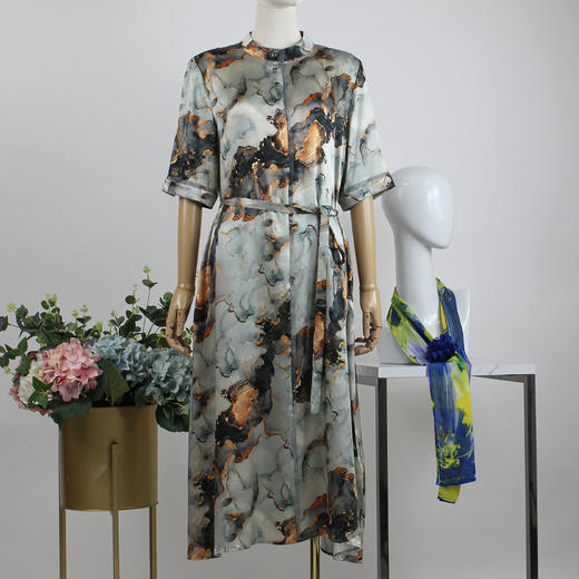 FOCALS福柯斯女装夏季新款真丝半袖大理石印花系带连衣裙F2Y6X108 商品图0