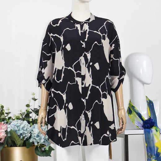 FOCALS福柯斯女装夏季新款桑蚕丝宽松休闲中长印花衬衫F2Y6S033BM 商品图0