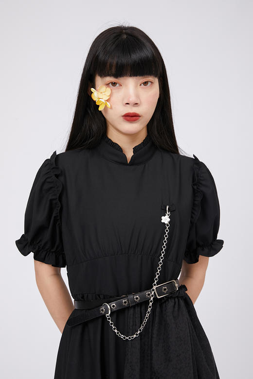 SunsetPark原创设计少女感泡泡袖下摆花边分叉蝴蝶结系带改良旗袍 商品图1