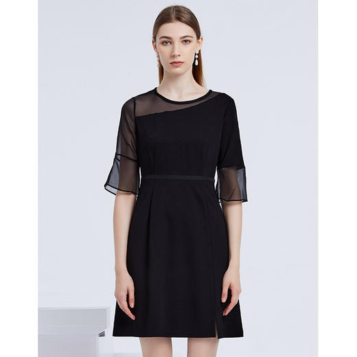 EITIE爱特爱初秋新款时尚性感网纱镂空收腰A摆显瘦连衣裙B2107756 商品图1