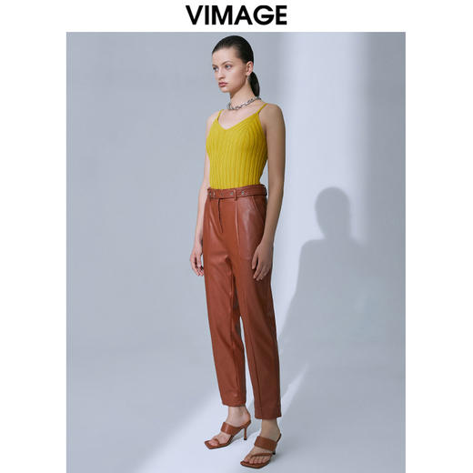 VIMAGE纬漫纪高腰显瘦九分皮裤休闲裤裤子V1505101 商品图1