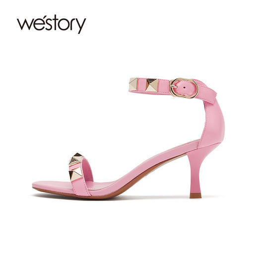 westory女鞋2021夏季新款漆皮铆钉小猫跟一字带凉鞋W21BG60911 商品图1