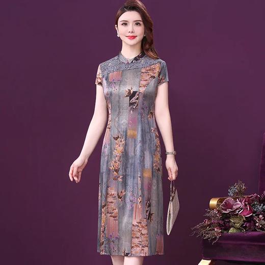 WXY-K9-21003W新款轻奢优雅气质修身立领蕾丝拼接真丝印花连衣裙 商品图1