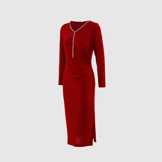 侧打折V领装饰链连衣裙 商品图1