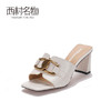 西村名物2021夏季新款仙女风金属扣粗跟拖鞋女外穿方头凉鞋T21AH15011 商品缩略图2
