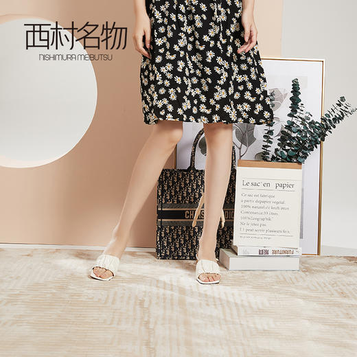 西村名物2021夏季新款复古风时尚褶皱外穿粗跟一字拖女拖鞋T21AH15011 商品图0
