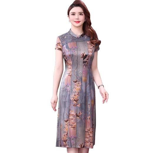 WXY-K9-21003W新款轻奢优雅气质修身立领蕾丝拼接真丝印花连衣裙 商品图3