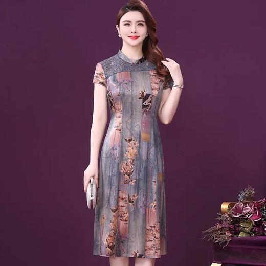 WXY-K9-21003W新款轻奢优雅气质修身立领蕾丝拼接真丝印花连衣裙 商品图0