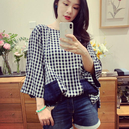 山林曦照 拂风 蓝染双面复合网纱 轻柔阔袖短衫 商品图1