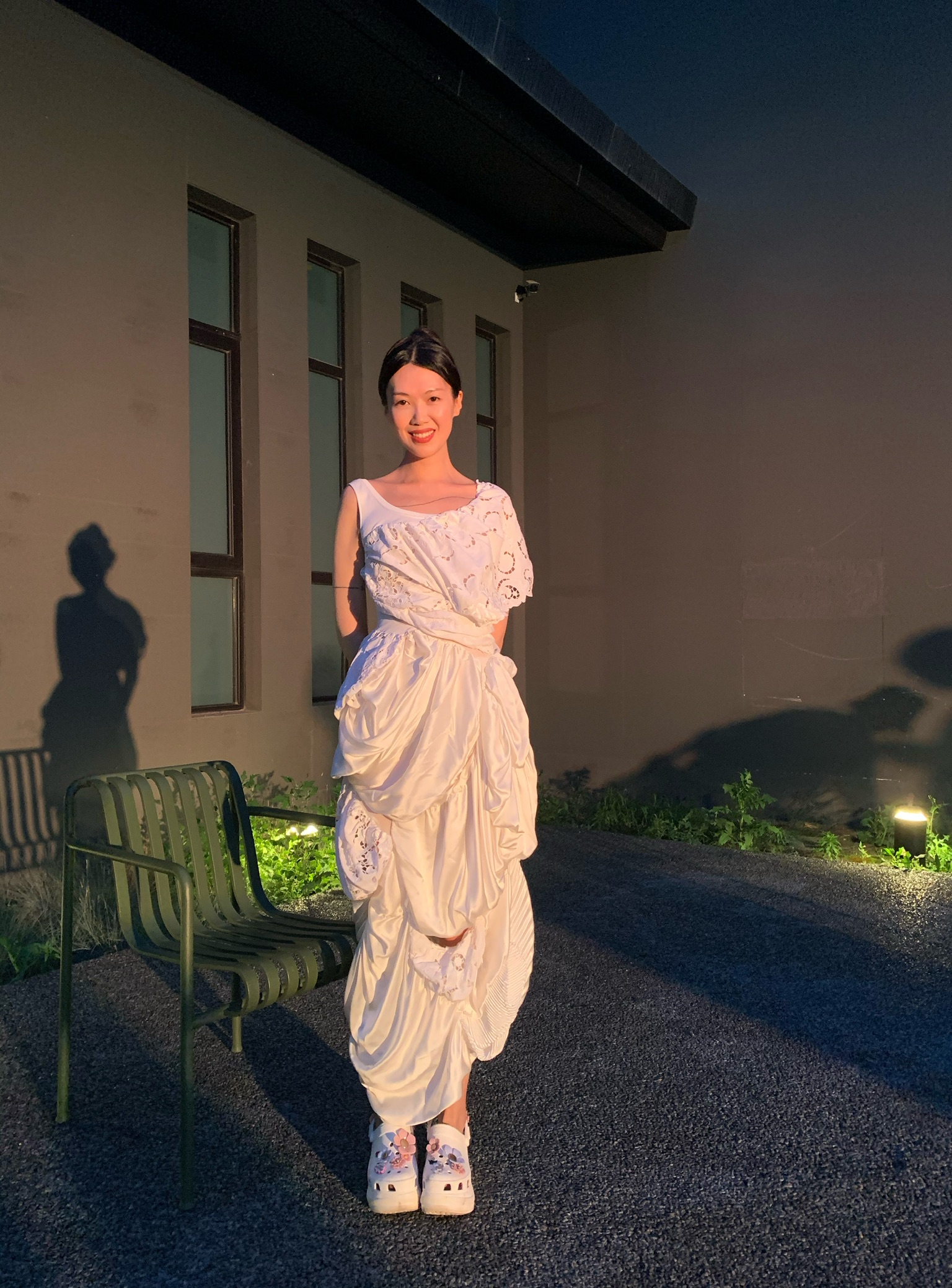 caroline hu 不对称丝绸蕾丝连衣裙 ss21dl01