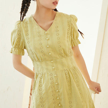 紫涵2021年夏装新款V领纽扣收腰短袖连衣裙纯色裙子Z1Z04AS294 商品图1