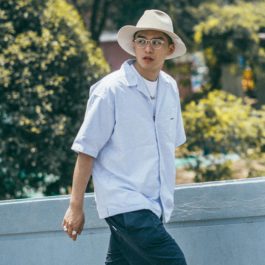 OURDAILYDOSE 原创日系潮牌古巴领 宽松水洗条纹口袋刺绣短袖衬衫 商品图1