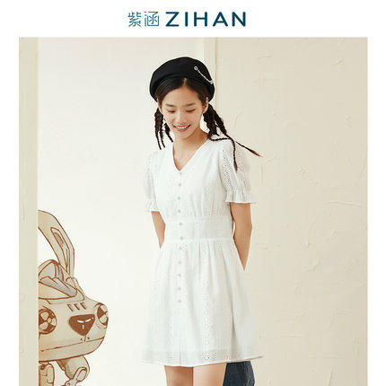 紫涵2021年夏装新款V领纽扣收腰短袖连衣裙纯色裙子Z1Z04AS294 商品图3