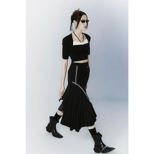 AnnoMundi黑色半身裙女秋中长款设计感高腰不规则小众百褶裙子 商品图3