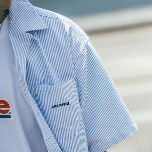 OURDAILYDOSE 原创日系潮牌古巴领 宽松水洗条纹口袋刺绣短袖衬衫 商品图3