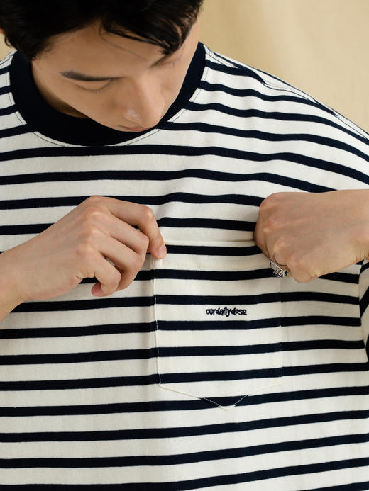 OURDAILYDOSE 21SS 原创潮牌宽松cityboy蓝色条纹刺绣口袋短袖T恤 商品图3