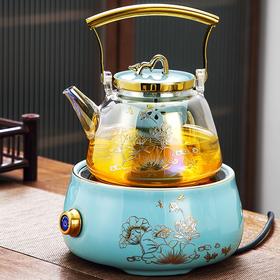 一品青莲贝彩烧蒸汽煮茶器提梁壶家用玻璃煮茶壶烧茶炉耐热烧水壶礼盒装 热茶壶 水壶