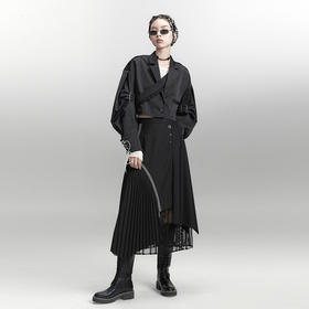 AnnoMundi黑色半身裙女秋中长款设计感高腰不规则小众百褶裙子