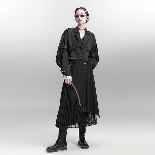 AnnoMundi黑色半身裙女秋中长款设计感高腰不规则小众百褶裙子 商品图0