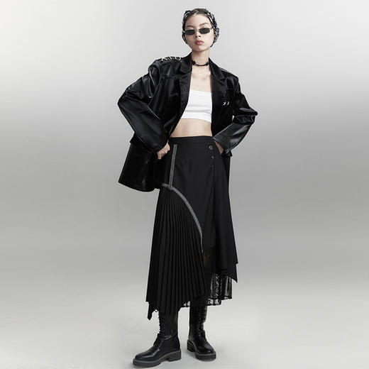 AnnoMundi黑色半身裙女秋中长款设计感高腰不规则小众百褶裙子 商品图1