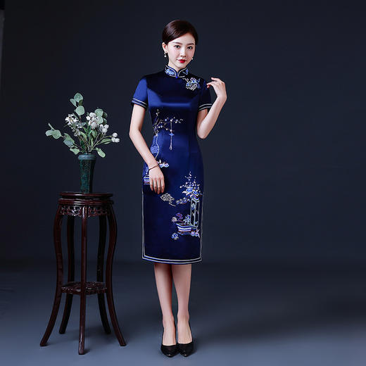 上海旗袍厂LHS-2039年轻旗袍2021新款气质中年妈妈婚礼礼服洋气夏装优雅中国风连衣裙 商品图0