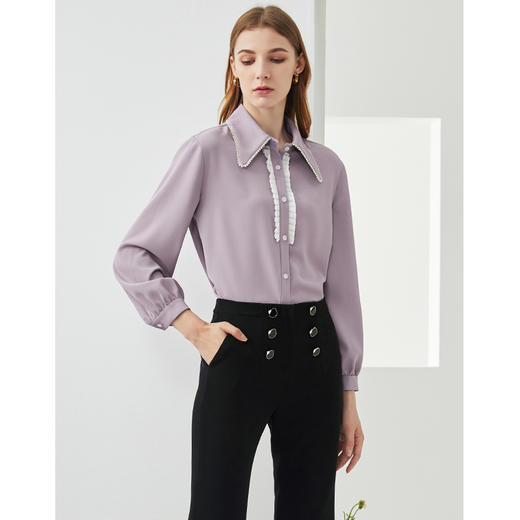 EITIE爱特爱秋季新款气质洋气灯笼袖木耳边装饰显瘦衬衫上衣C2109808 商品图4