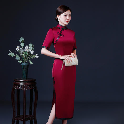 上海旗袍厂LHS-06183酒红春酒红新款改良新式旗袍礼服妈妈参加婚礼装婚宴中国风连衣裙 商品图3