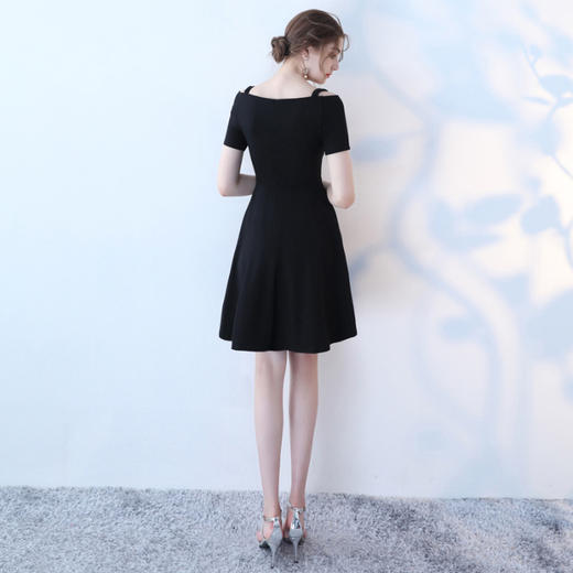 新款春夏吊带短袖赫本V领纯色小黑裙休闲气质百搭蓬蓬连衣裙潮 商品图3